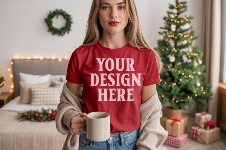 Comfort Colors 1717 Red Christmas T-Shirt Mockup, Boho