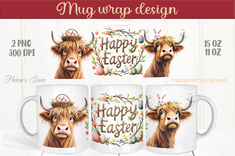 Easter highland cow with bunny mug wrap sublimation designs