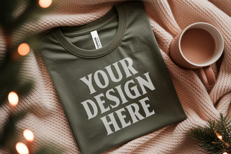 Christmas Bella Canvas 3001 Forest Green Folded Tshirt Mocku