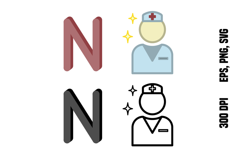 Letter N and Nurse. Color and Line Vector