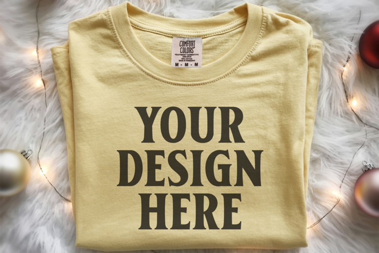 Butter Comfort Colors 1717 Christmas Folded T-Shirt Mockup