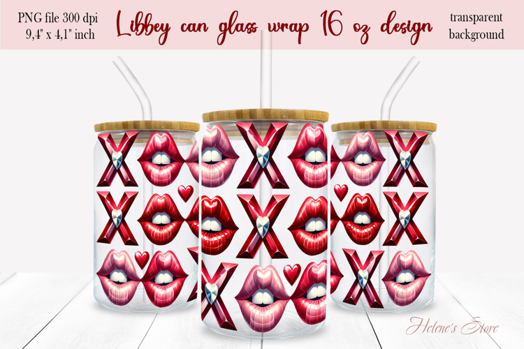 Lips Valentine pattern Libbey Can Glass Wrap 16oz design png
