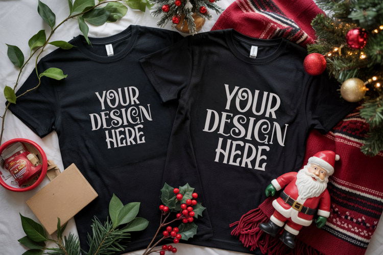 Christmas Family Matching Shirt Mockup | Cozy Boho Flat Lay