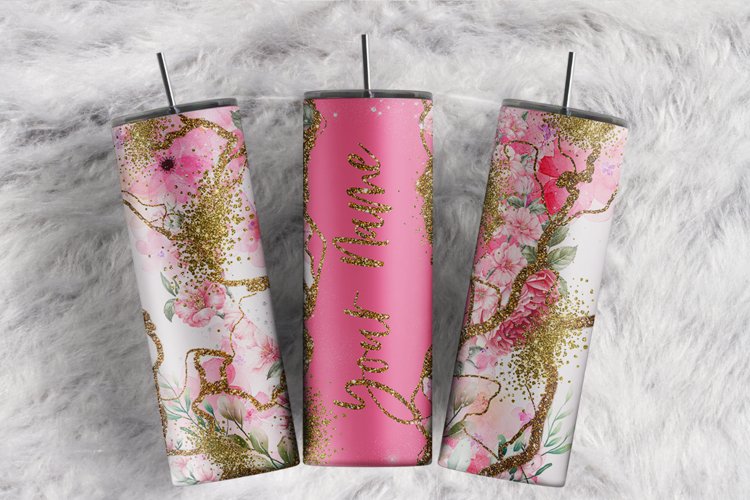 Custom Name Gold Marble Pink Floral Summer 20oz tumbler wrap example image 1