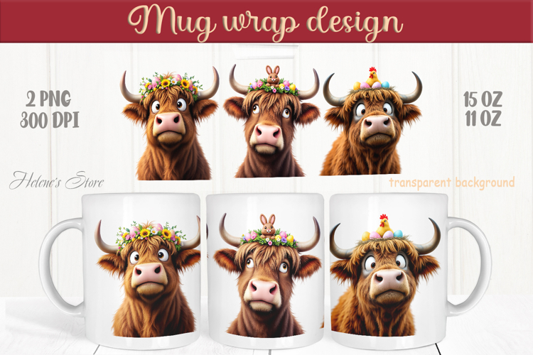 Easter highland cow with bunny mug wrap sublimation designs