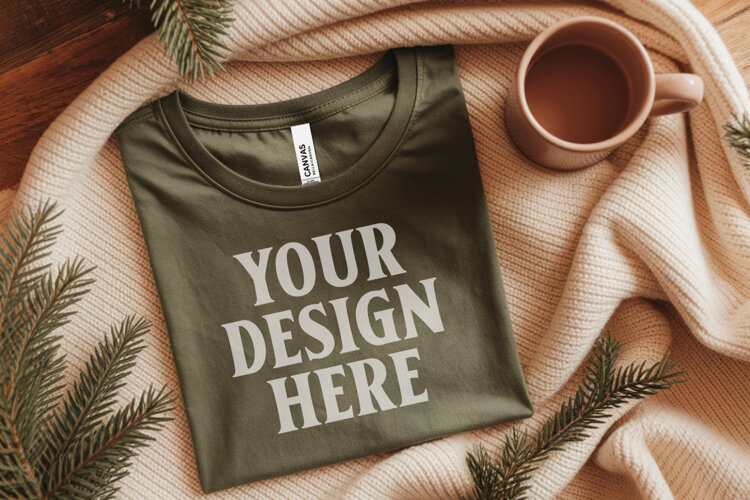 Christmas Bella Canvas 3001 Forest Green Folded Tshirt Mocku example image 1