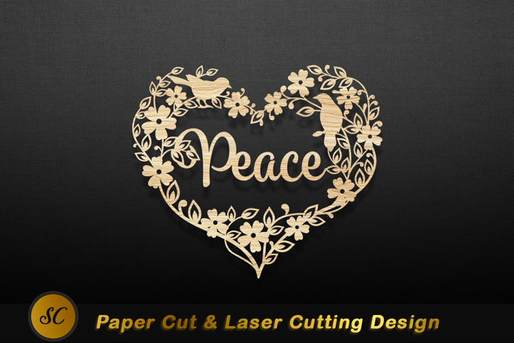 Heart shaped floral peace design with birds wood Laser cut