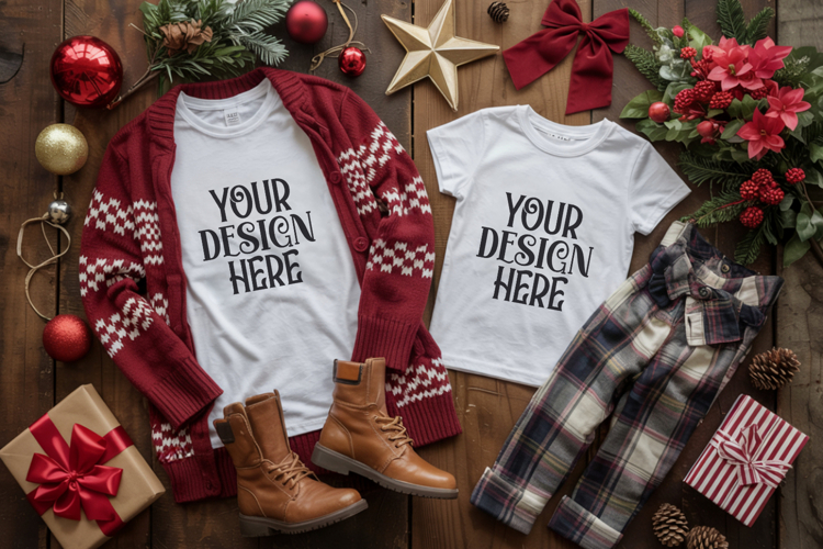 Christmas Family Matching Shirt Mockup | Cozy Boho Flat Lay