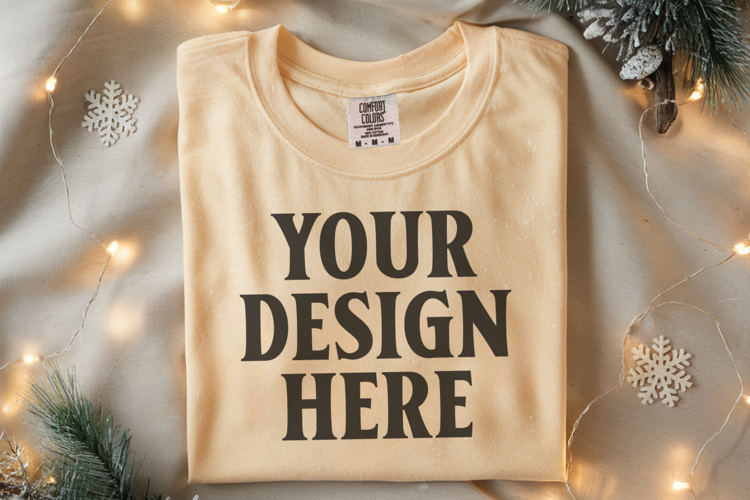 Butter Comfort Colors 1717 Christmas Folded T-Shirt Mockup