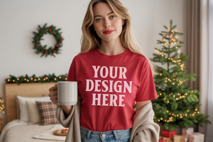 Comfort Colors 1717 Red Christmas T-Shirt Mockup, Boho