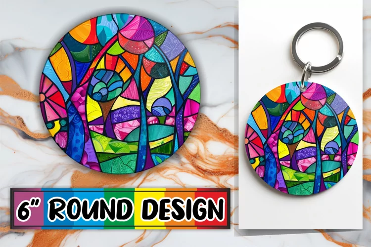 Colorful Stained Glass Tree Keychain Round Design