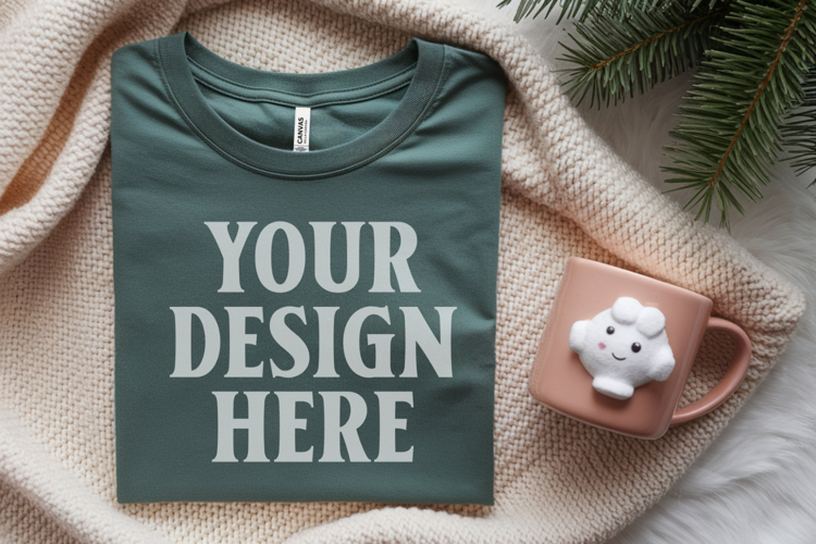 Christmas Bella Canvas 3001 Forest Green Folded Tshirt Mocku