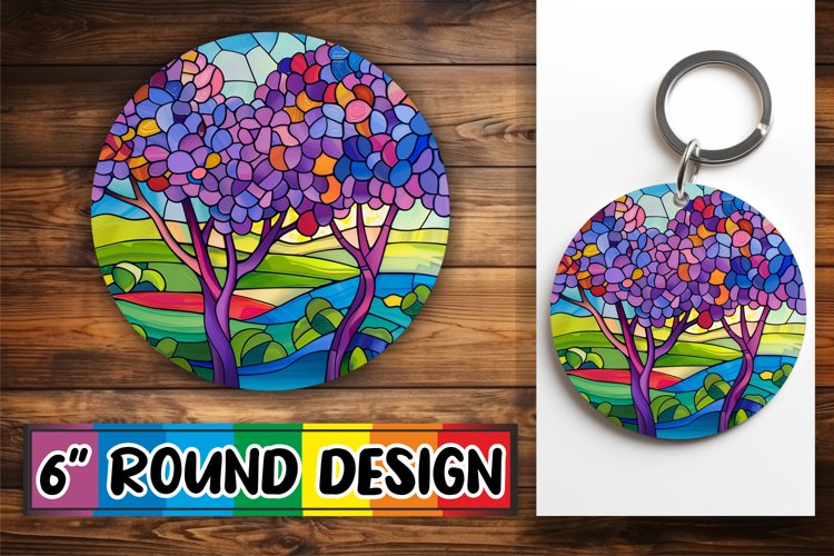 Keychain Colorful Stained Glass Tree Round Design Art example image 1