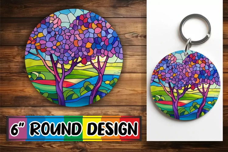 Keychain Colorful Stained Glass Tree Round Design Art