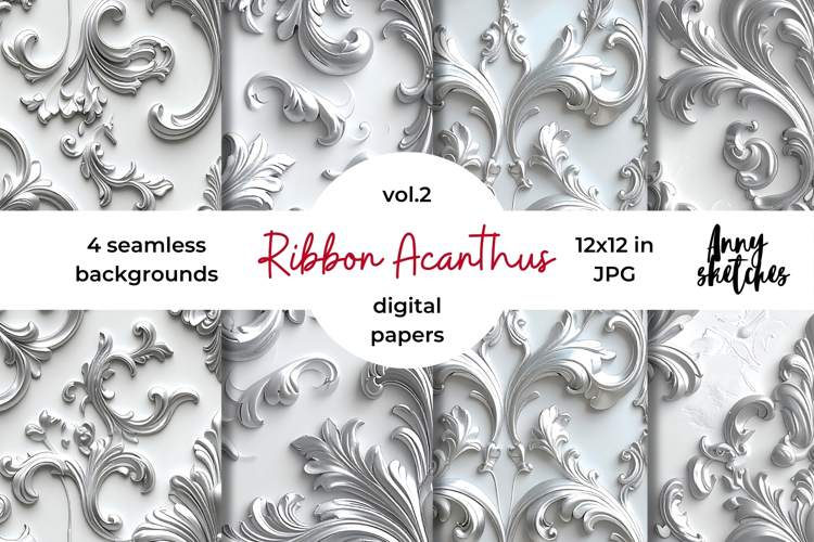 Floral Ribbon Digital Paper Kit Rococo Valentine Patterns