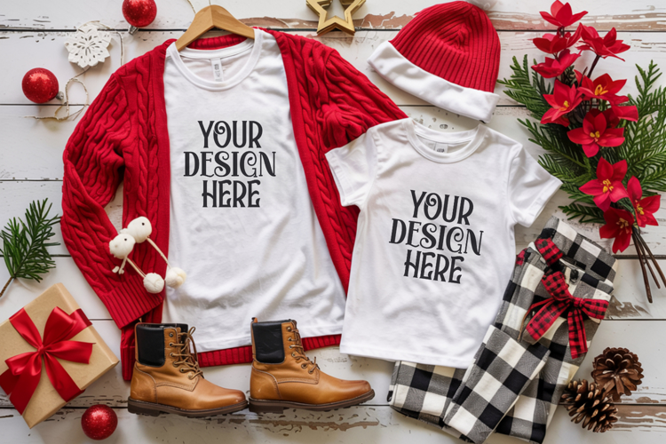 Christmas Family Matching Shirt Mockup | Cozy Boho Flat Lay