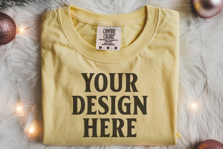Butter Comfort Colors 1717 Christmas Folded T-Shirt Mockup