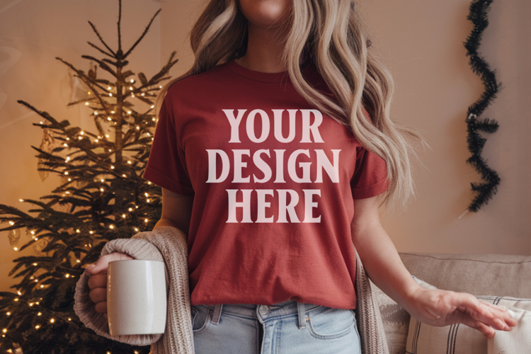 Comfort Colors 1717 Red Christmas T-Shirt Mockup, Boho