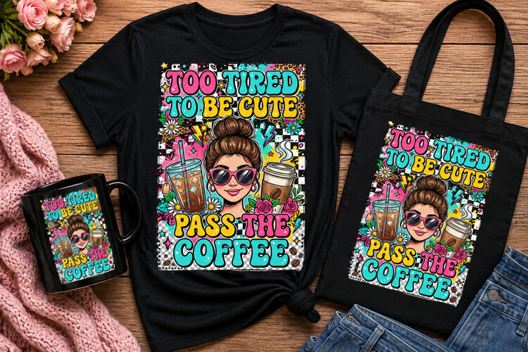 Too Tired To Be Cute Pass The Coffee PNG, Funny Coffee Lover example image 1
