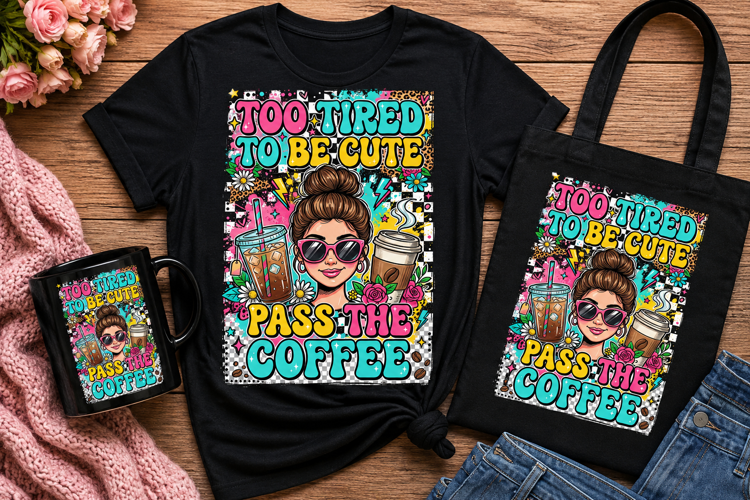Too Tired To Be Cute Pass The Coffee PNG, Funny Coffee Lover