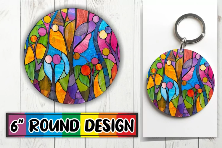 Stained Glass Tree Round Design Keychain Colorful