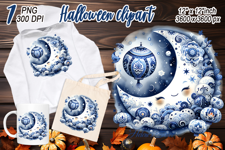 Cute blue Halloween moon clipart t shirt designs png