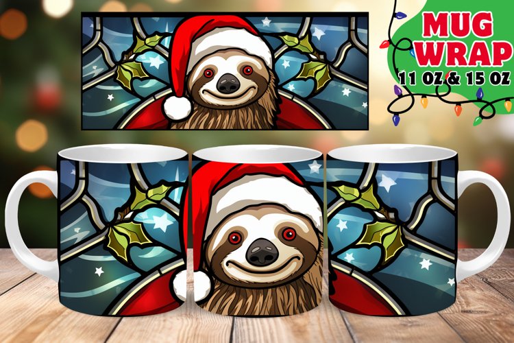 Stained Glass Winter Sloth Christmas Mug Wrap 11oz 15oz