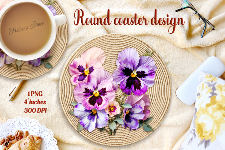 Delicate vintage floral round coaster sublimation design png