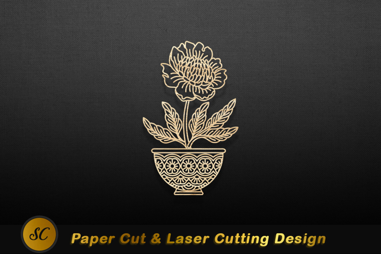 Golden flower in decorative pot plant leaves Laser cut