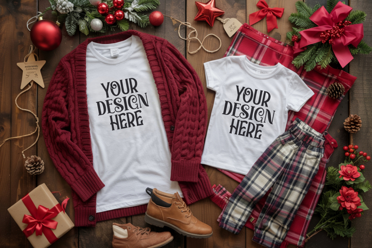 Christmas Family Matching Shirt Mockup | Cozy Boho Flat Lay