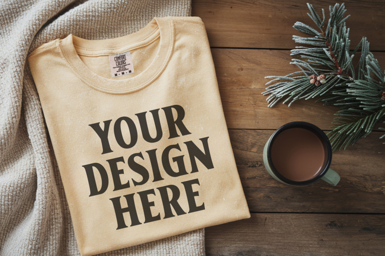 Butter Comfort Colors 1717 Christmas Folded T-Shirt Mockup