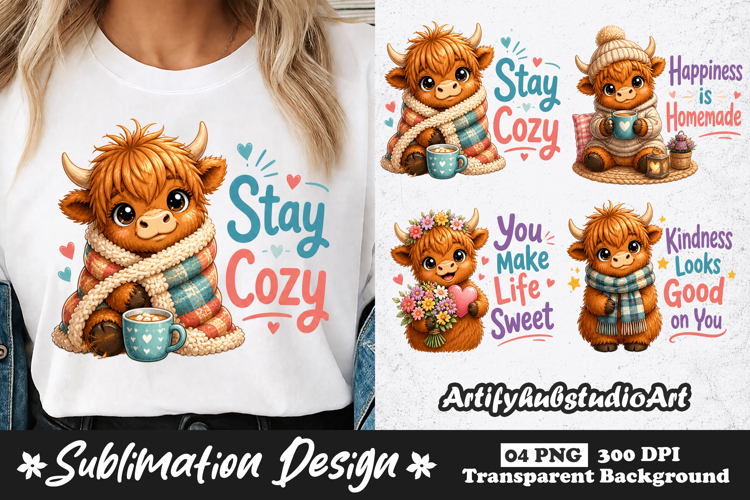 Cozy Highland Cow Winter Sublimation PNG for Shirts and Mugs example image 1