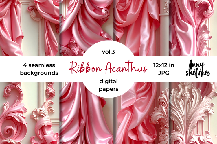 Floral Ribbon Digital Paper Kit Rococo Valentine Patterns