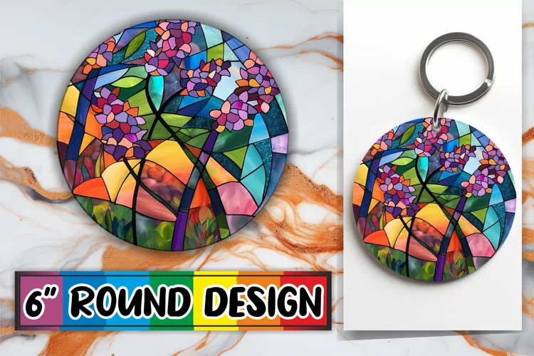 Colorful Round Design Stained Glass Tree Keychain Sublimatio