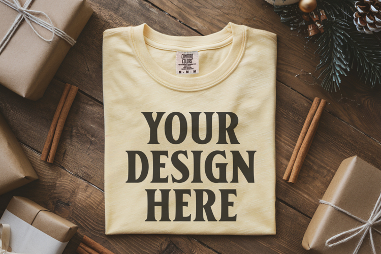 Butter Comfort Colors 1717 Christmas Folded T-Shirt Mockup