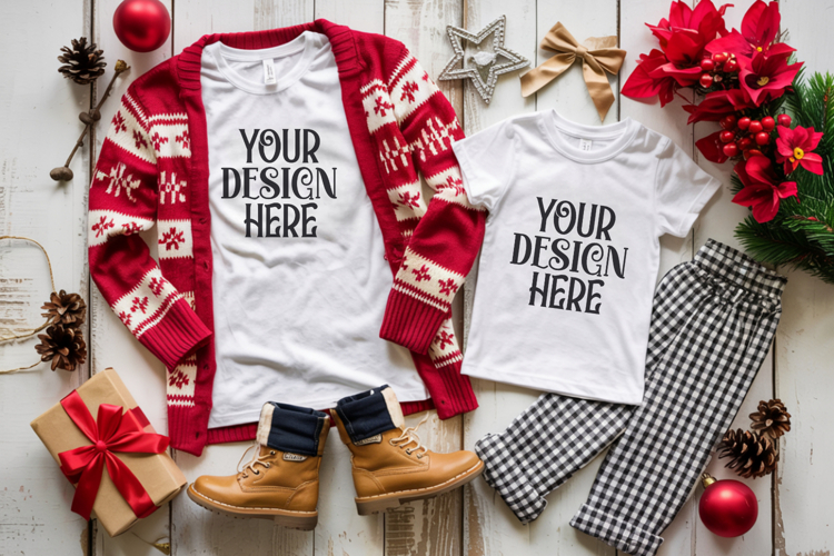 Christmas Family Matching Shirt Mockup | Cozy Boho Flat Lay