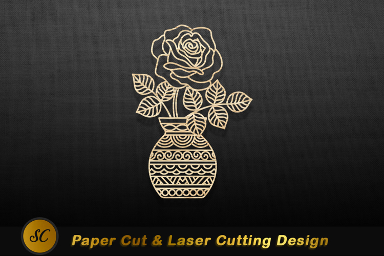 Ornate rose in patterned vase leaves floral Laser cut