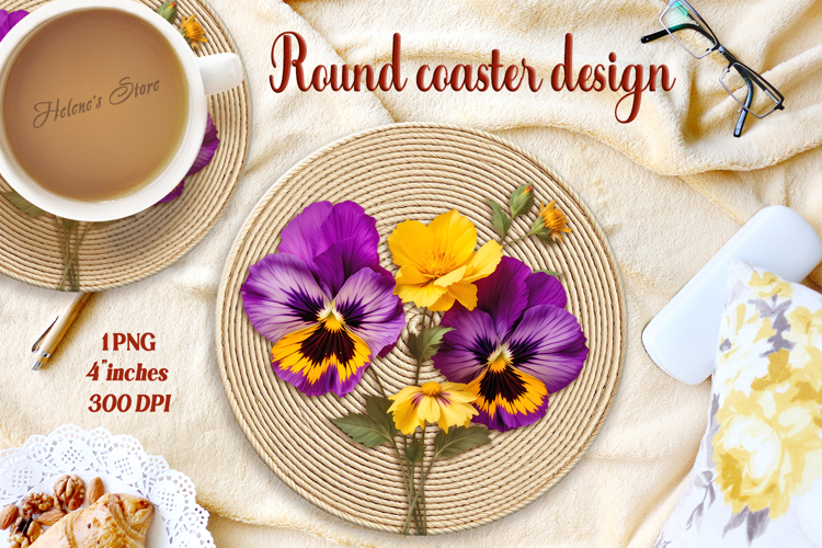 Delicate vintage floral round coaster sublimation design png