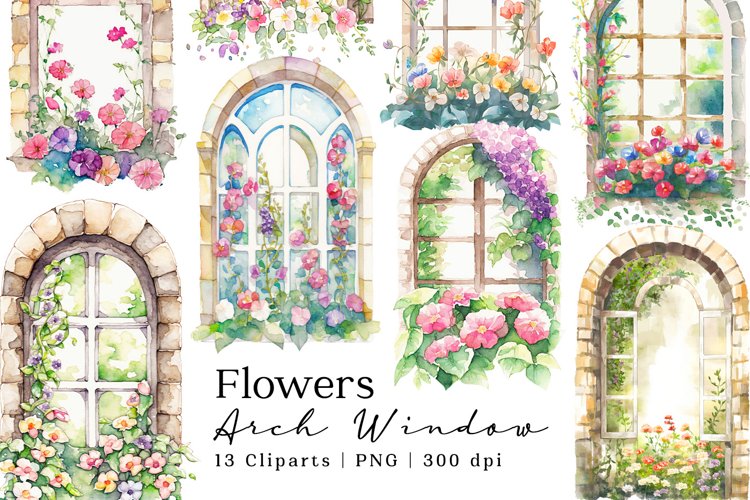 Flowers with Arch Window Garden Watercolor Cliparts example image 1