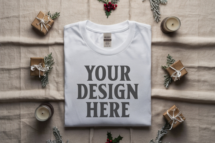Gildan 5000 white Folded Christmas Mockup, G5000 mockup