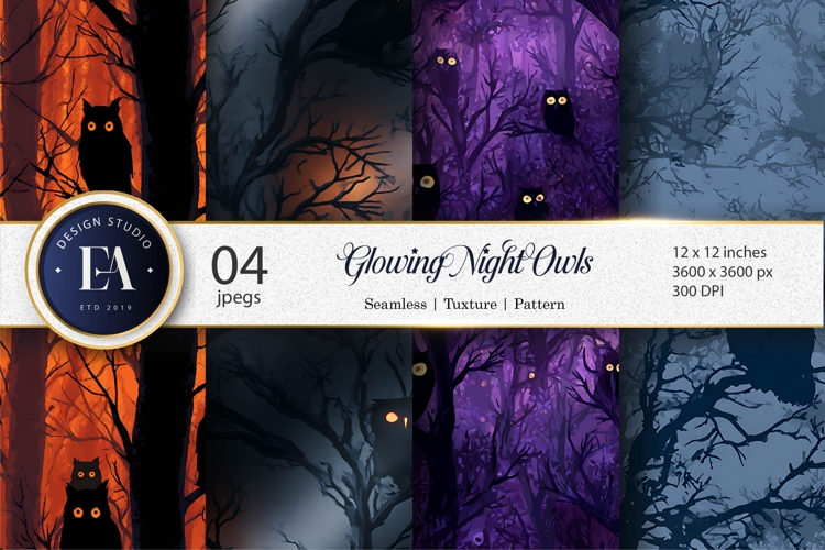 Spooky Owl Silhouettes Glowing Night Seamless Digital Paper