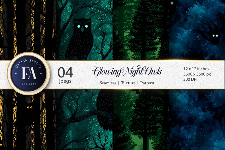 Spooky Owl Silhouettes Glowing Night Seamless Digital Paper