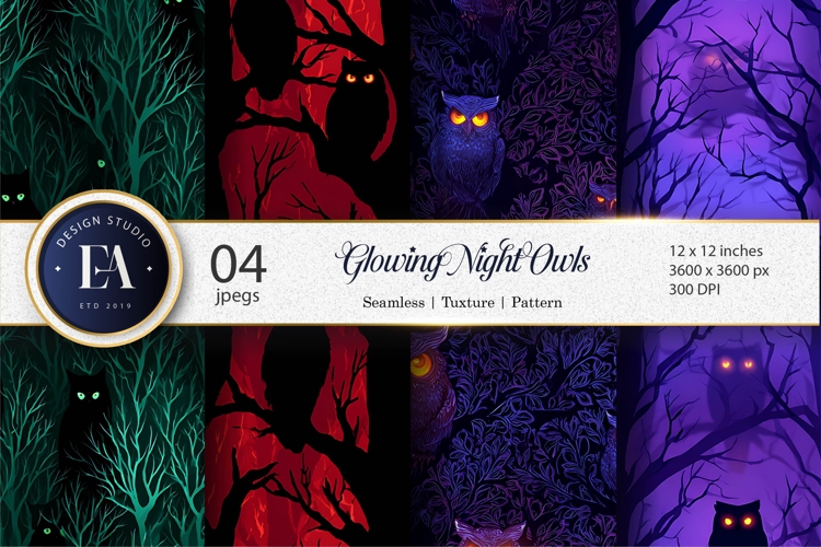 Seamless Spooky Owl Silhouettes Glowing Night Digital Paper