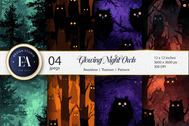Seamless Spooky Owl Silhouettes Glowing Night Digital Paper