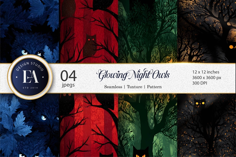 Glowing Night Owl Silhouettes Spooky Seamless Digital Paper