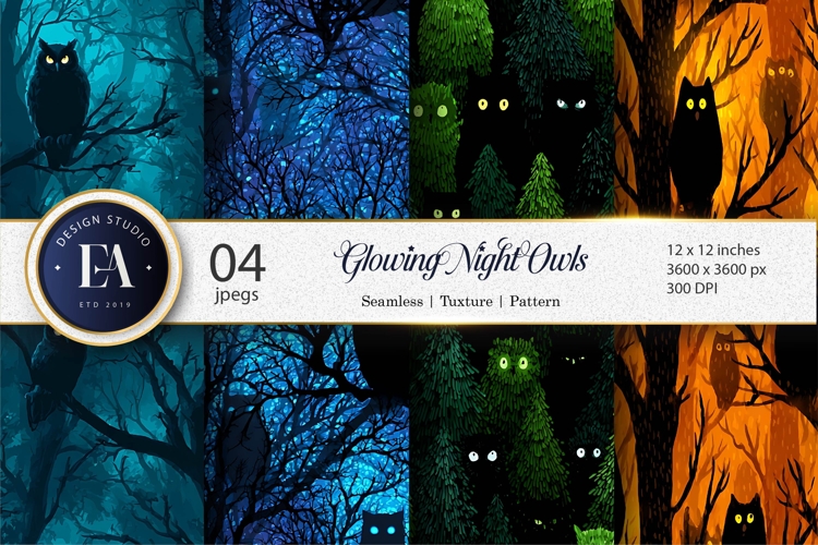 Tileable Spooky Owl Silhouettes Glowing Night Digital Paper