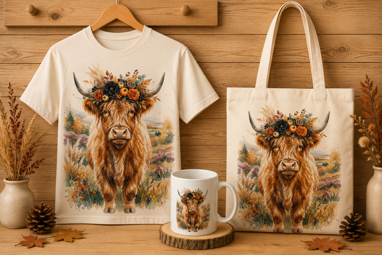 Boho Highland Cow Fall Floral Crown Watercolor Art Print