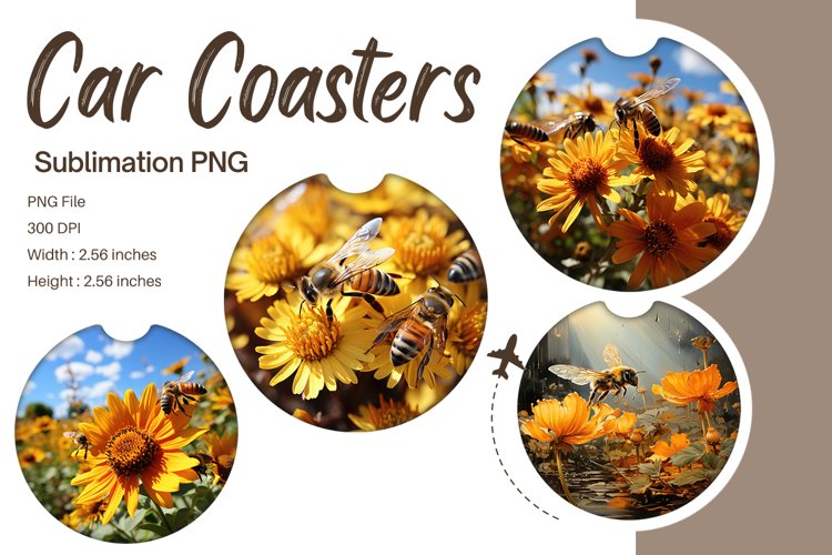 Bee Flower Car Coasters Sublimation Bee Car Accessories_13 example image 1