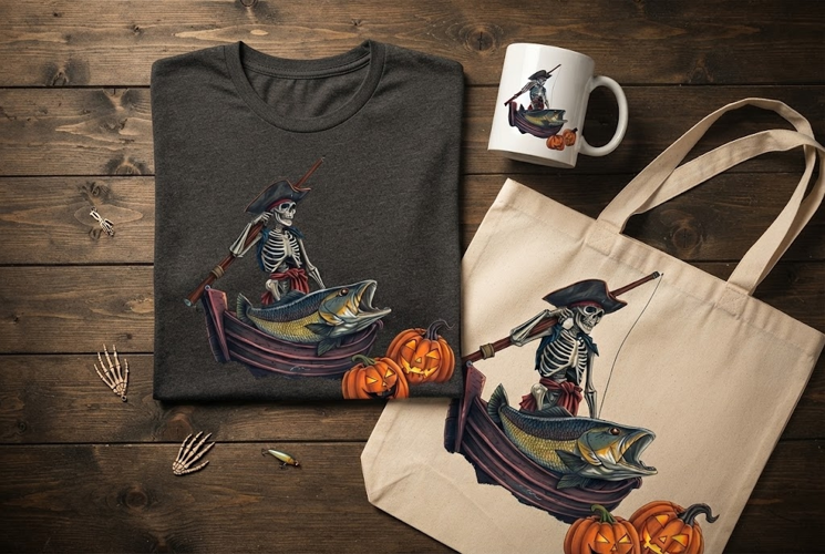 Pirate Skeleton Fishing Halloween Design with Pumpkins
