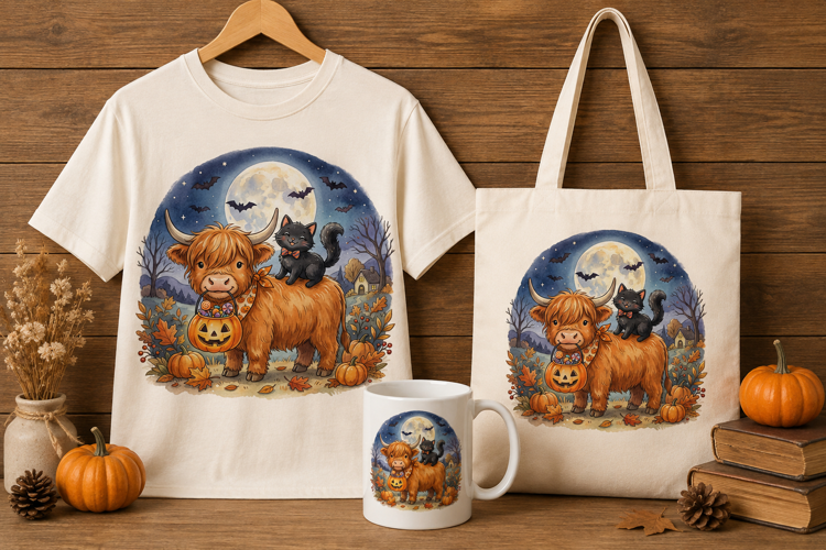 Highland Calf with Pumpkin Bucket and Black Cat Art Print